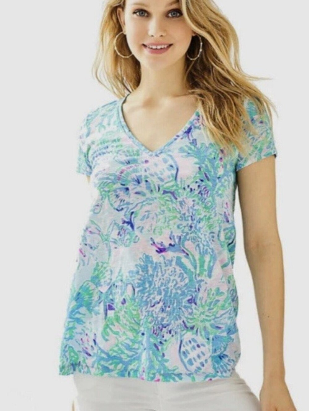 Lilly Pulitzer Etta Top Tropical Blue Gree Short Sleeve
